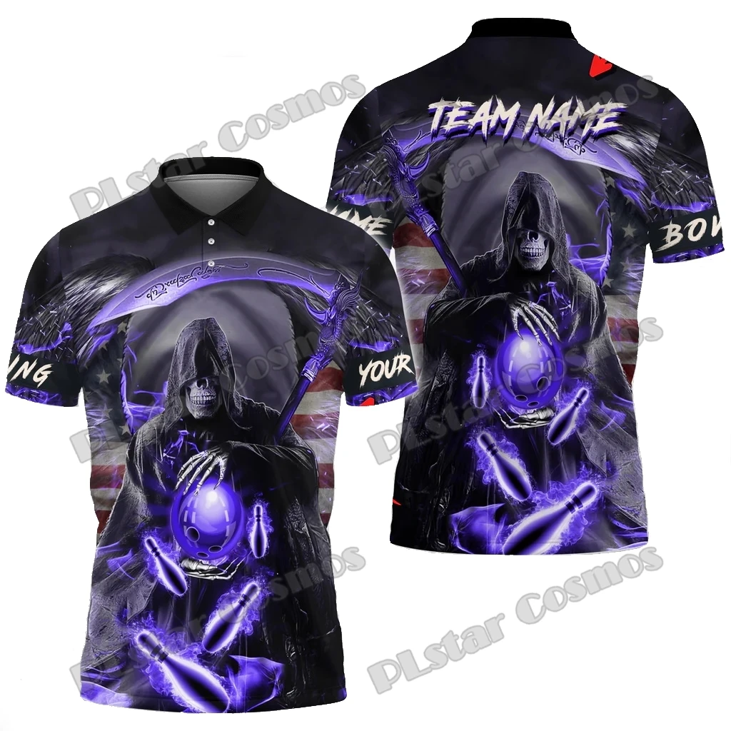 Bowling und Pins Reaper Flame Skull Muster personalisierter Name 3D-gedrucktes Herren-Poloshirt Sommer Unisex Casual Poloshirt WK218 – Detail 11