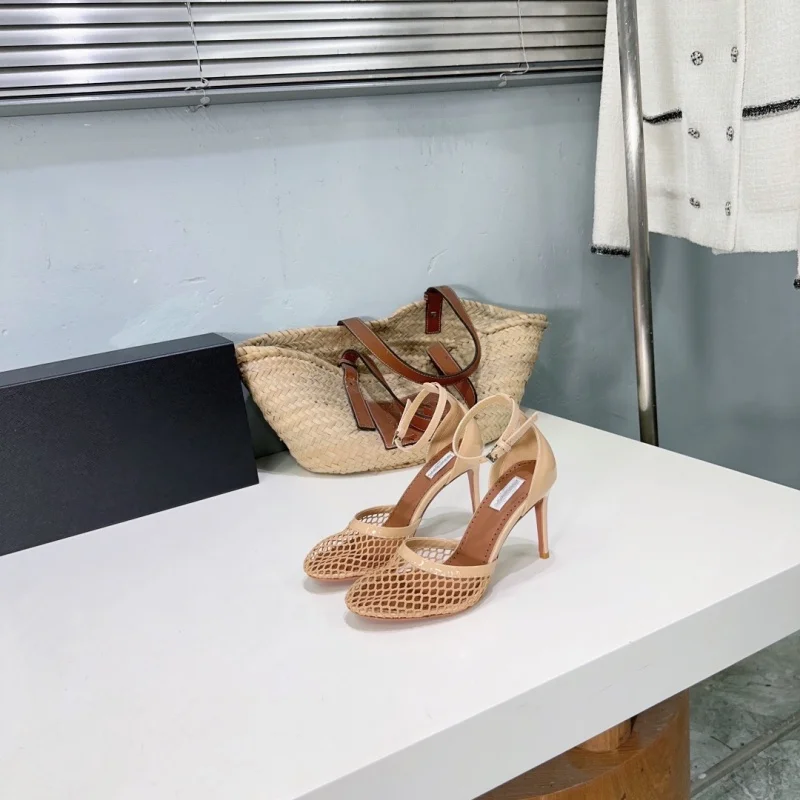 Summer New Fashionable Mesh Super High Heel Sandals Women's Round Head Sexy Thin Heel One line Buckle Sandals