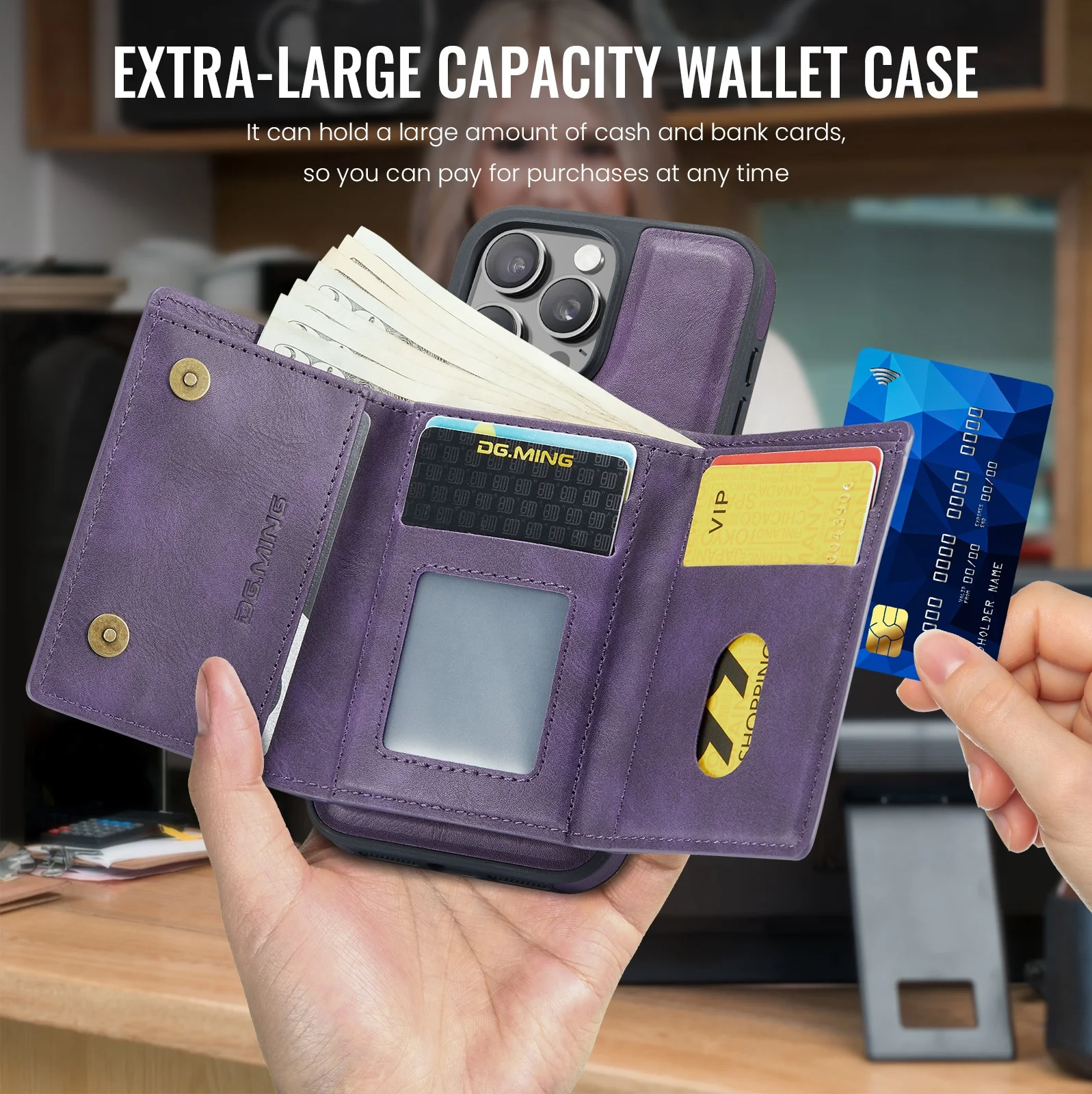 Magnetic Leather Detachable Wallet Phone Case with Wireless Charging and Card Slots
