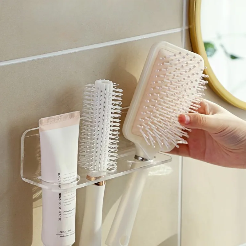 Wall-Mounted Hair Brush Holder – Clear Plastic Bathroom Organizer,Toiletries | 1pc Transparent Design | Use Without Electricity 5