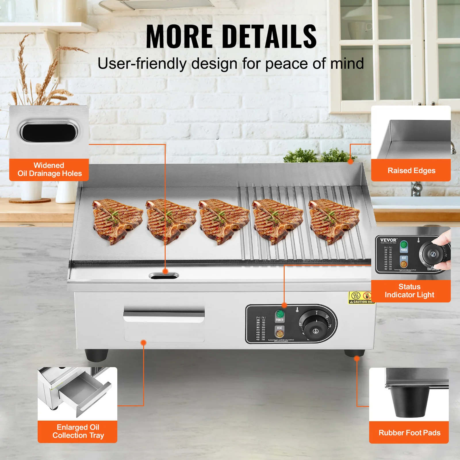 SucceBuy Commercial Electric Griddle Countertop Grill 122℉-572℉ Adjustable Temp Stainless Steel Griddle Grill (No Plug) for Home