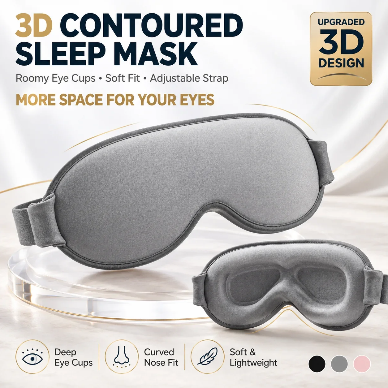 Enhanced Memory Foam 3D Sleep Mask - Light-Blocking Contoured Eye Cover with Adjustable Strap for Ultimate Comfort
