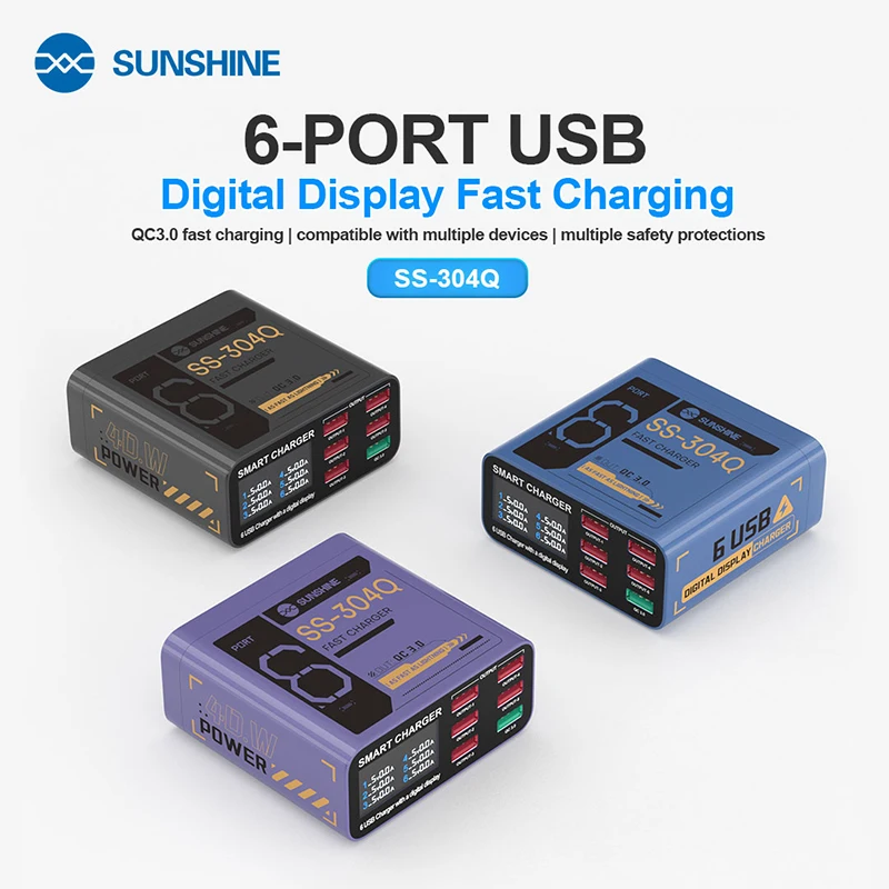 SUNSHINE SS-304Q 6-Port-USB-Digitalanzeige Schnellladung QC3.0 Schnellladung Kompatibel mit mehreren Geräten