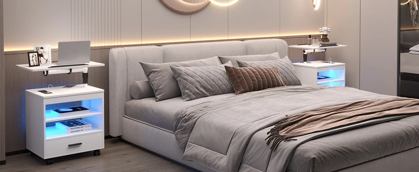 bedroom table with blue light