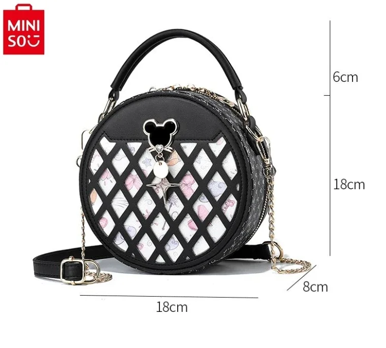MINISO Disney Mickey Fashion Small Round Bag Women's High Quality PU Multi functional Storage Crossbody Bag