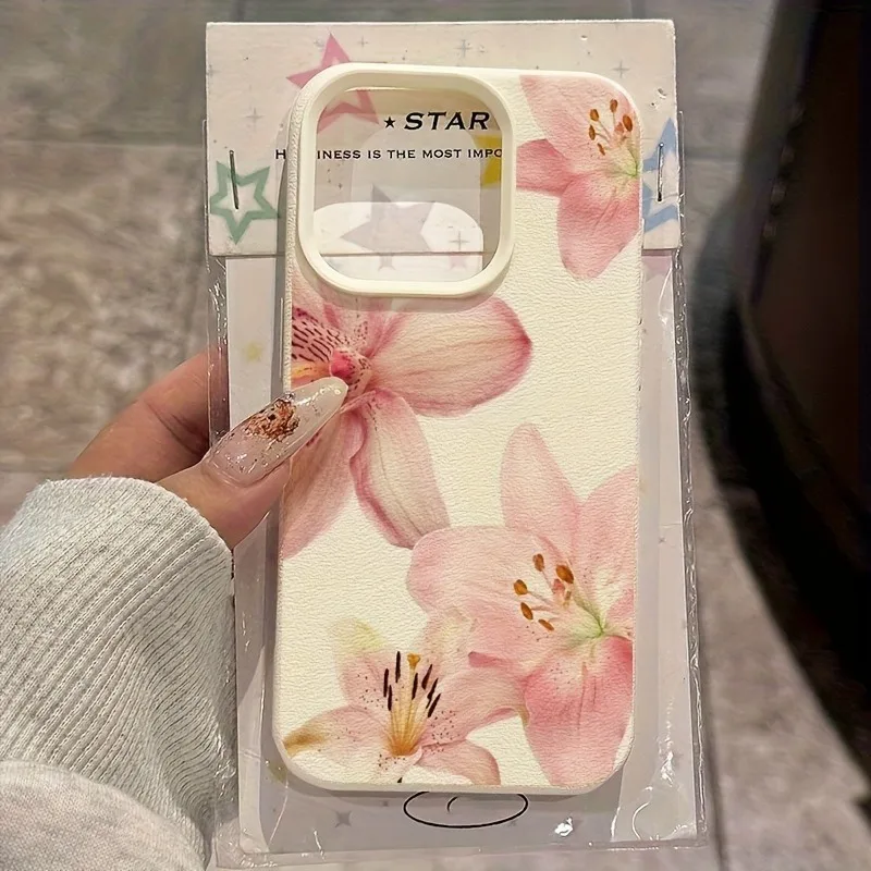 เคสโทรศัพท์ลายดอกลิลลี่ สีชมพู สำหรับ iPhone 16/17/15/14/13/12/11 Pro Max หนังวินเทจ ป้องกันอย่างดี