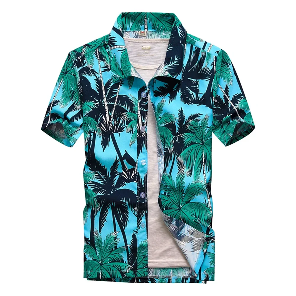 Summer Breathable Hawaiian Shirts Men Coconut Tree Printed Short Sleeve Button Down Vacation Plus Size