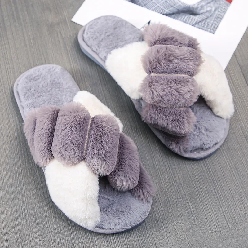 

Women Winter House Furry Slippers Fluffy Faux Fur Home Slides Flat Fashion Indoor Floor Shoes Ladies Flip Flops Chaussure Femme