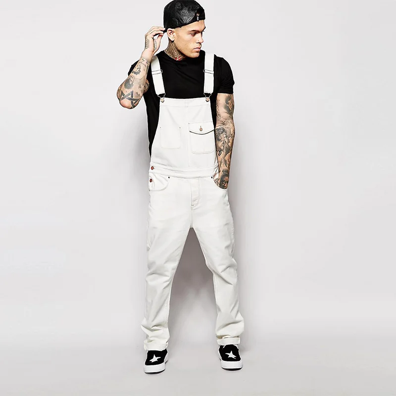 New White Denim Strap Pants Slim Streetwear Mens Jeans Overalls Spring Autumn Full Length Jumpsuits Mameluco Hombre Trabajo