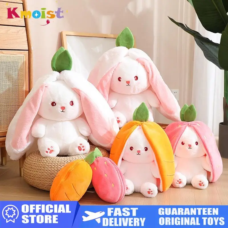 Cute Creative Funny Doll Carrot Rabbit Plush Toy Stuffed Soft Bunny Hiding in Strawberry Bag Toys for Kids Girls Birthday Gift