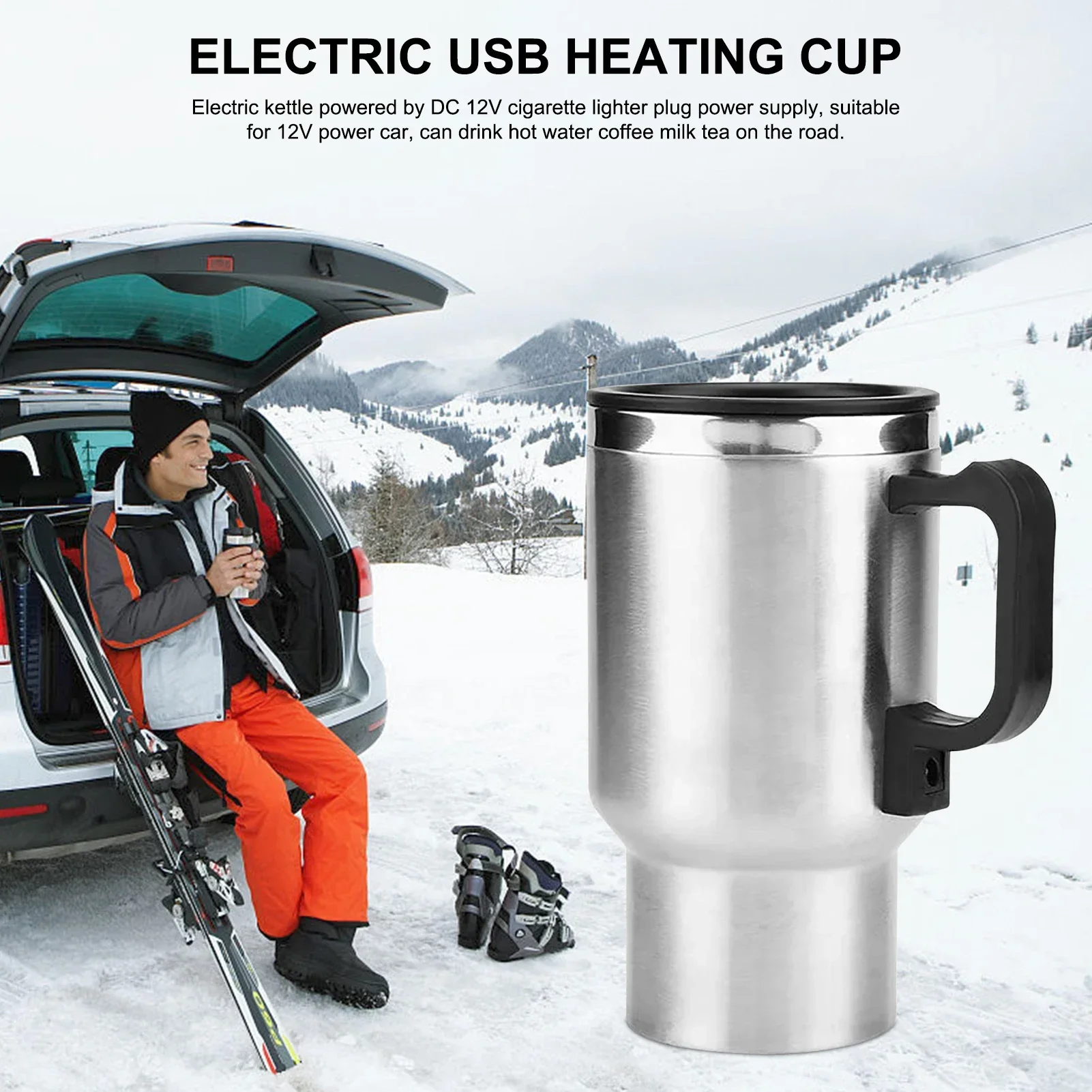 12V Car Heating Cup, Stainless Steel Heating Coffee Heated Thermos Mug  Portable Water Heater Double Layer Cup Water Tea Milk Electric Kettle with