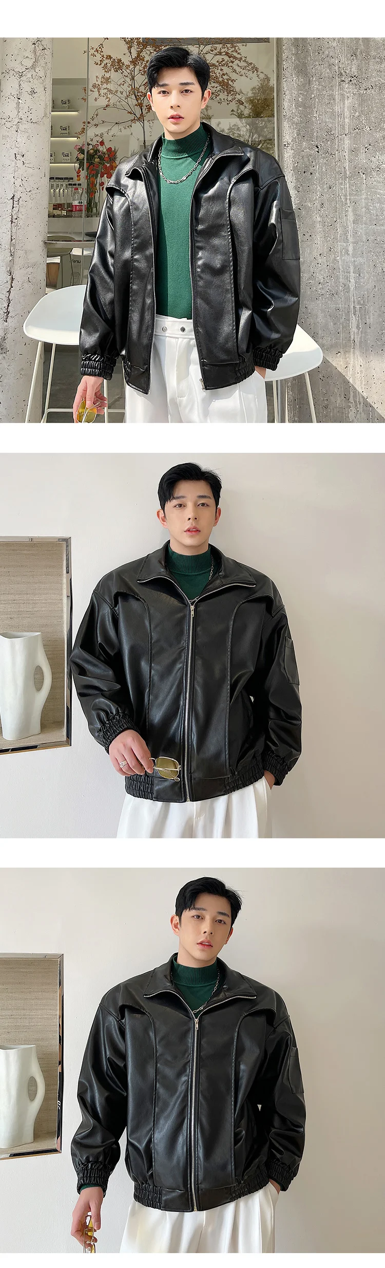 IEFB Men's streetwear short coat 2022 new spring Loose PU Leather green Jacket Korean trend zipped oversized coats male 2022 brown biker jacket