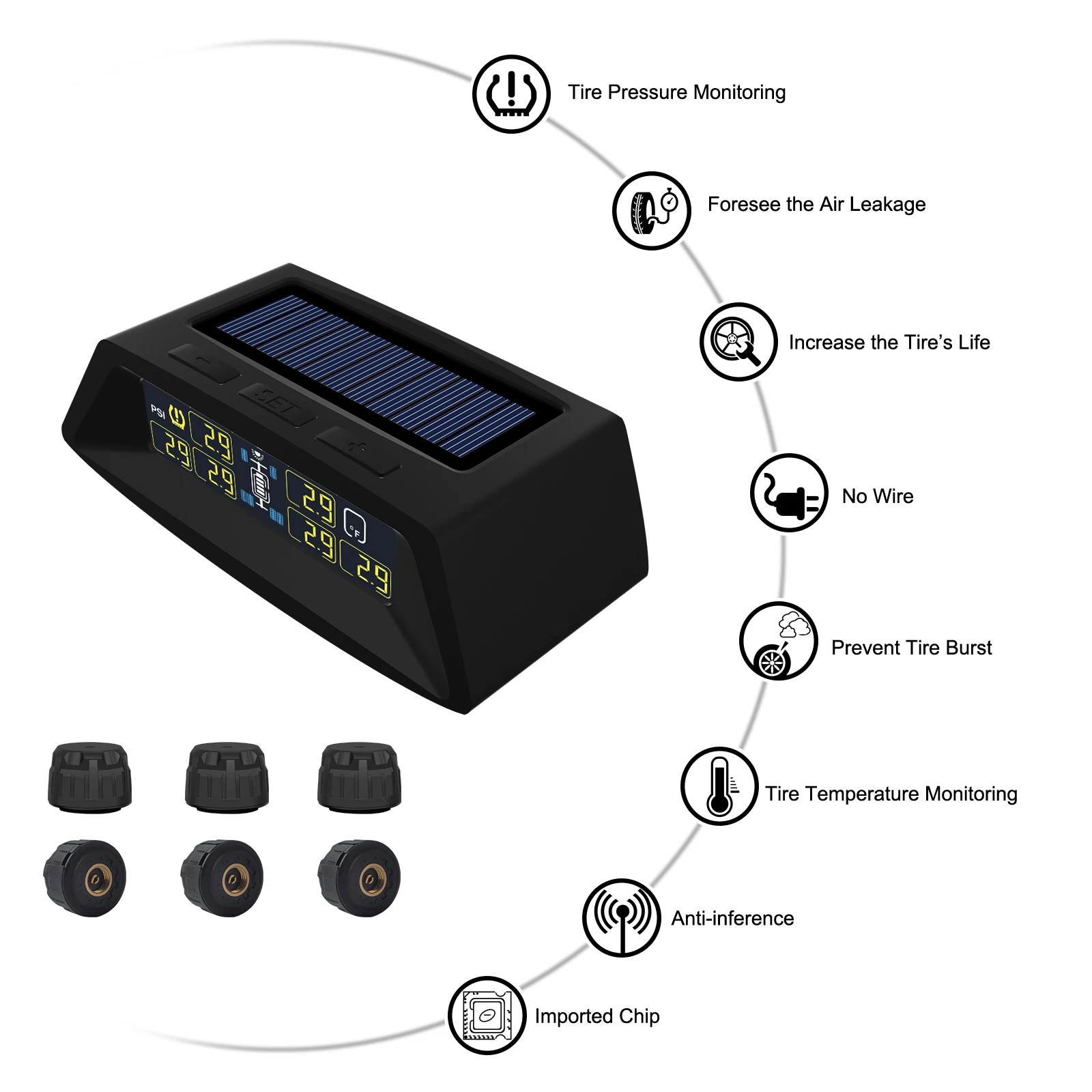 

Caravan TPMS Solar Tire Pressure Monitoring System For Motorhome Trailer With 6 External Sensor And A Repeater