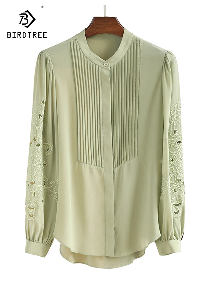 

Birdtree 100%Mulberry Silk Embroidered Hollow Out Shirt Temperament Long Sleeve New Style Office Lady Shirt For women T3N228QC