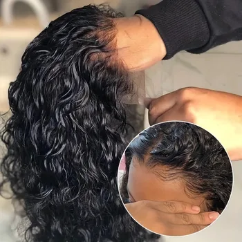 13x4 Lace Frontal Wig Human Hair 220% Density Glueless Deep Wave/Water curly Bob for - Baby Hair Line & Volume Wet And Wavy