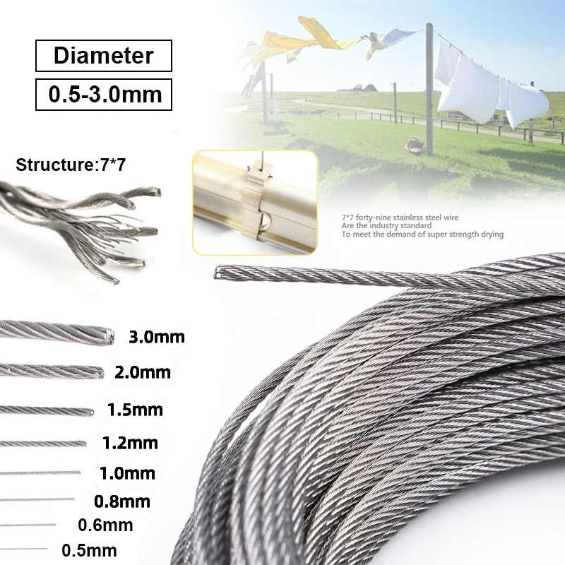 Stainless steel wire 5/10m stainless steel wire rope 7*7 structure soft fishing lifting cable pull rope drying rack wire