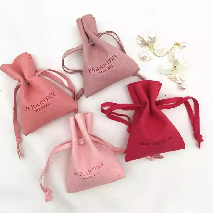 

SheepSew Wholesale 8*7cm Luxury Custom Jewelry Pouches with Logo Pink Microfiber Small Gift Drawstring bag