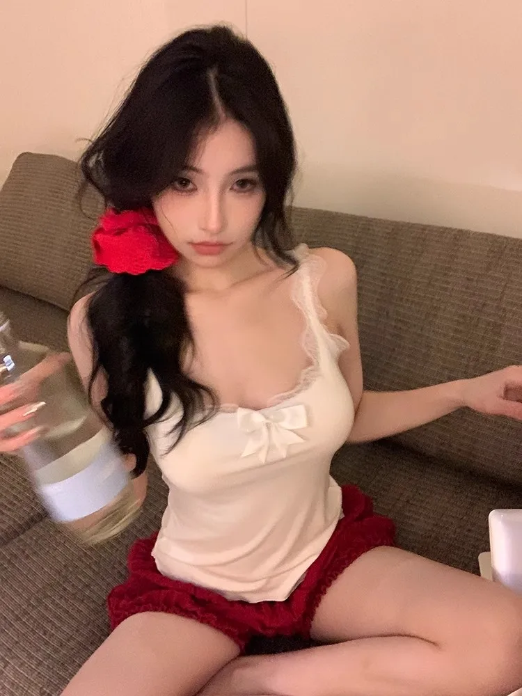 

Deeptown Coquette Aesthetic Sexy Tank Tops Women Sweet Girl White Lace Crop Corset Top Bow Korean Fashion Hot Sleeveless Clothes