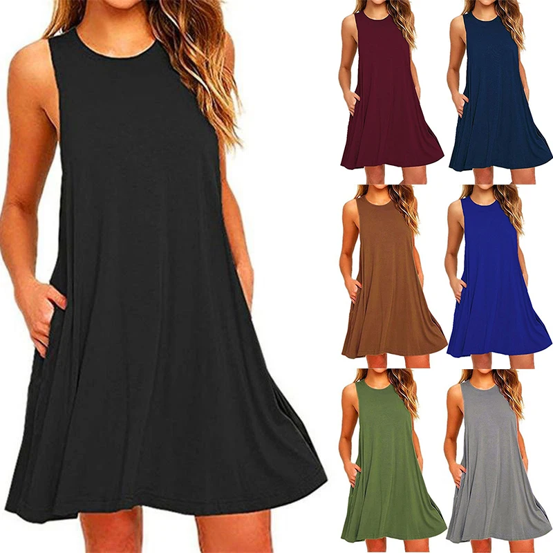 

2023 Women's Summer Casual Swing T-Shirt Dresses Beach Cover Up With Pockets Loose T-shirt Dress