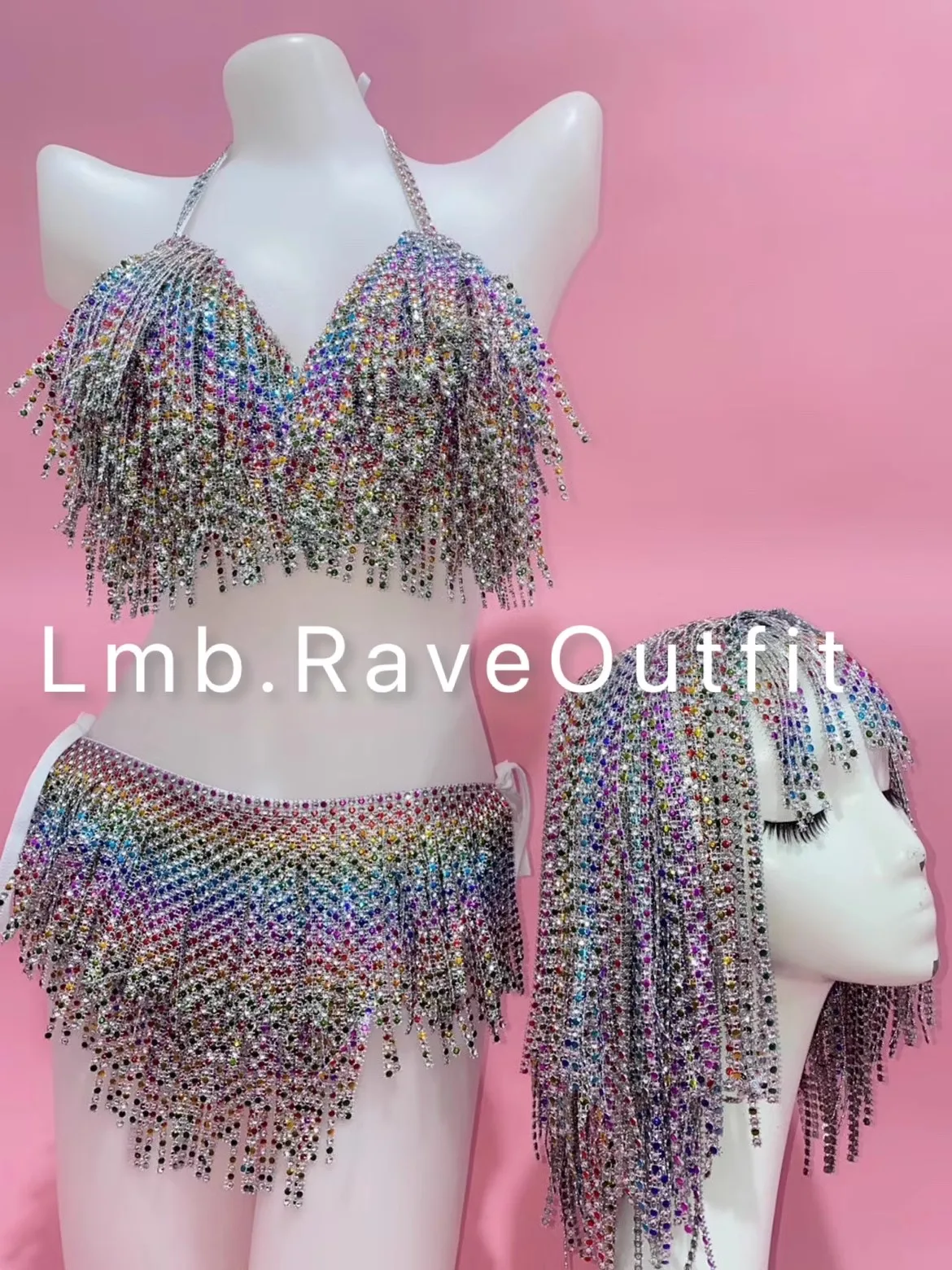 

Rainbow Tassels Sparkling Diamonds Bikini Headress Outfits DJ Nightclub Bar Singer Stage Wear Pole Jazz Dance Sexy Party Costume