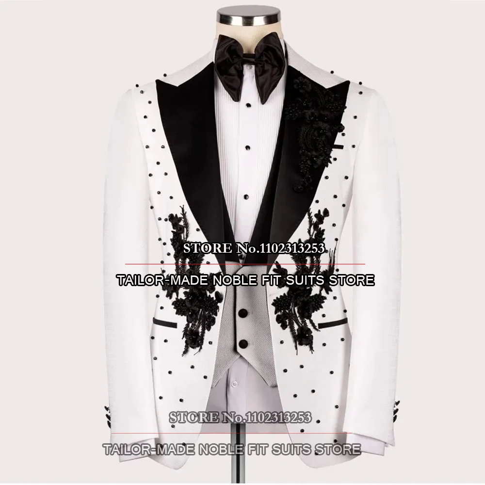 

Handmade White Wedding Suits Formal Groom Wear Tuxedo Black Appliques Beaded Male Clothing Tailor-Made Costume 3 Pieces Homme