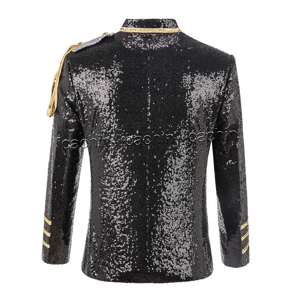 Men Sequin Uniform Stage Jacket MJ Costume Blazer Masculino Black Red Blue Silver Glitter EXO Suit 2
