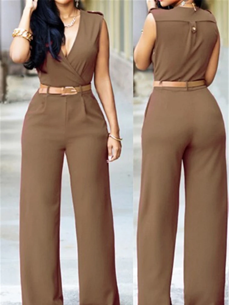 Sexy Deep V-neck Sleeveless Jumpsuit Wide Leg Pants Fashion High Waisted Women's Clothing Elegant Solid Color Jumpsuit with Belt