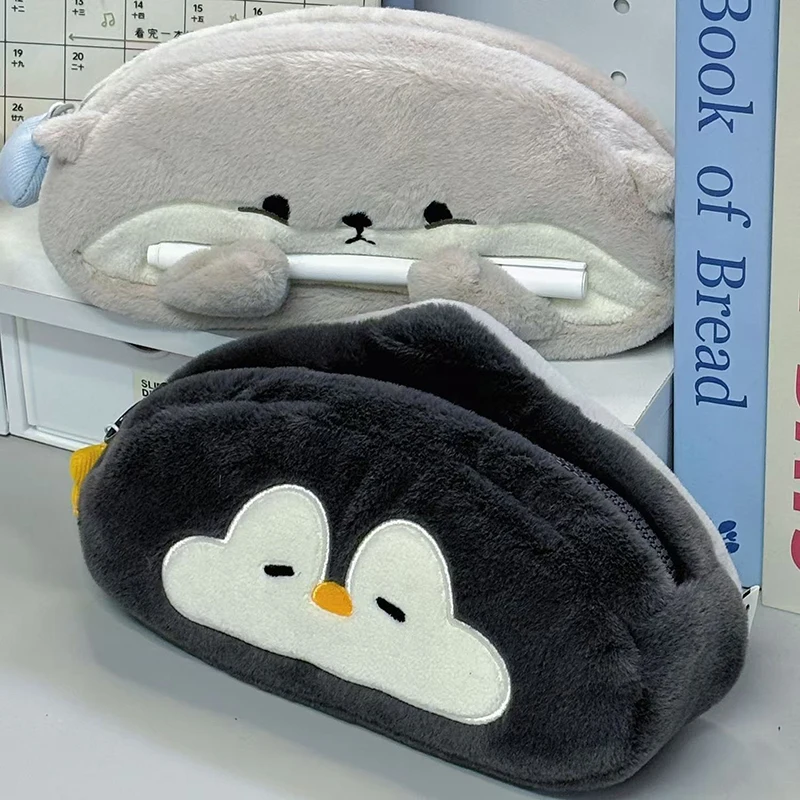 Kawaii little otter penguin plush pen bag Large capacity pencil case Stationery storage bag School supplies