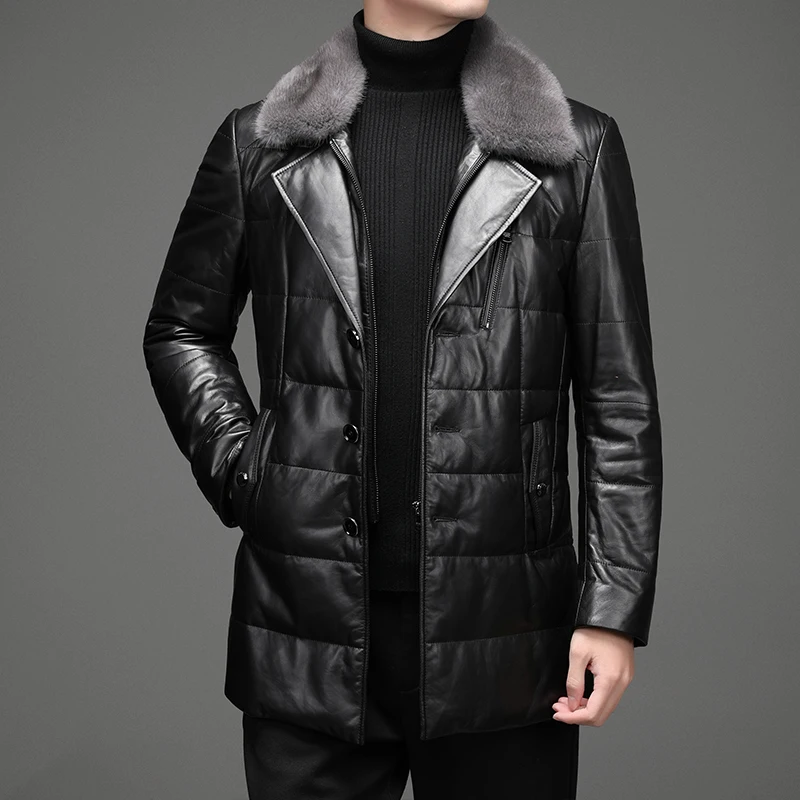 

2024- New Men's Business British Fashion British Style Casual Fashion Sheepskin Down Jacket Mink Collar Jacket Leather Jacket