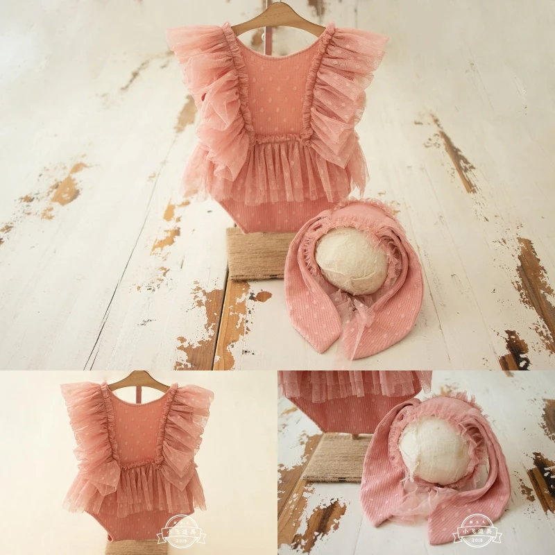 Dvotinst Newborn Photography Props Girls Summer Lace Outfit with Bunny Hat 2pcs Set Fotografia Studio Shooting Photo Props dvotinst newborn photography props baby boys buttons outfit hat with furry ball 2pcs set fotografia studio shooting photo props