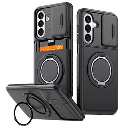 Armor Ring Bracket Holder with Card Slot and Sliding Camera Protection Cover - Galaxy A27 (Black)
