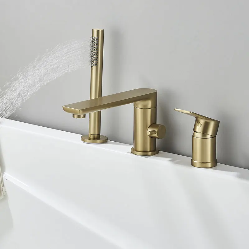Description Picture 5 of itemBrushed Gold Bathroom Bathtub Faucet Copper Hot Cold Mixer Crane Tap Deck Mount Pull Out Chrome Brass Handheld