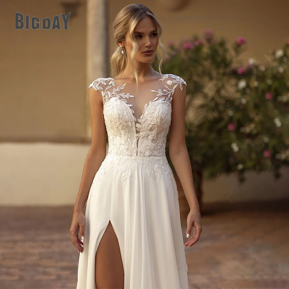 Elegant Boho Lace Wedding Dress Chiffon O-Neck Illusion Back Side Split Applique Bridal Party Gown Vestidos De Novia Customized 3