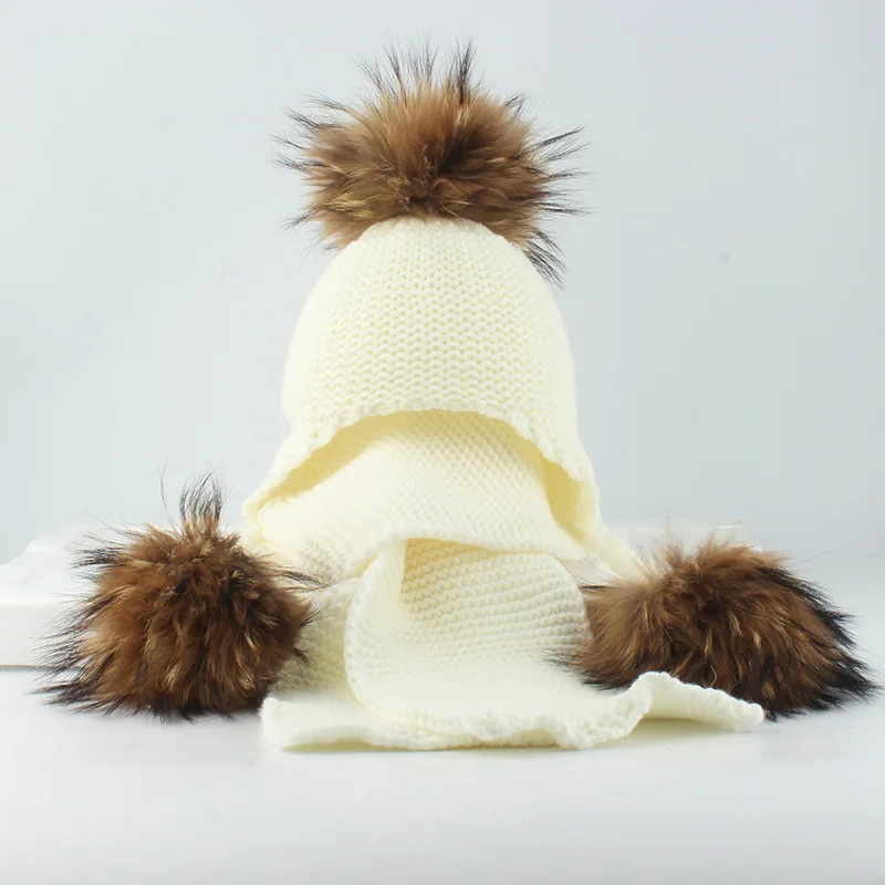 New Children's Real Raccoon Dog Hair Ball Ear Protection Hat Scarf Set Autumn Winter Handmade Fried Dough Twists Braid Cap