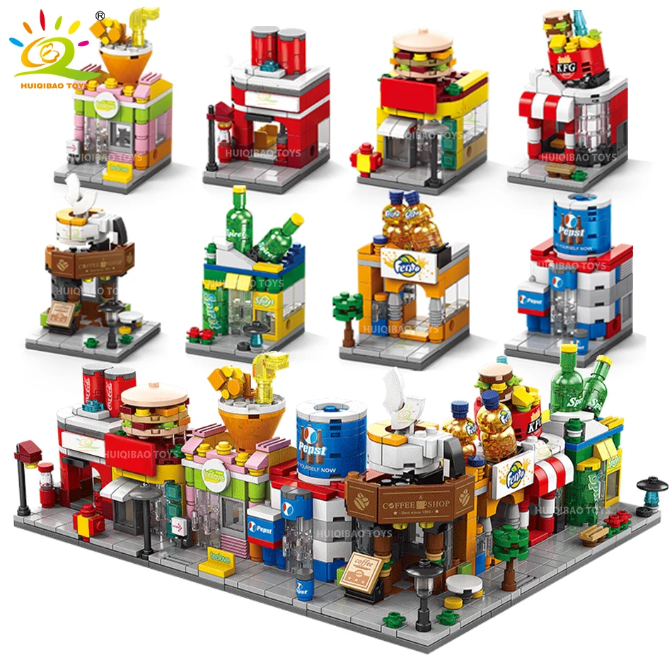 

HUIQIBAO уличный магазин, ресторанный бургер, строительные блоки, MOC кафе, сок, магазин, кирпичи, городская Строительная игрушка для детей