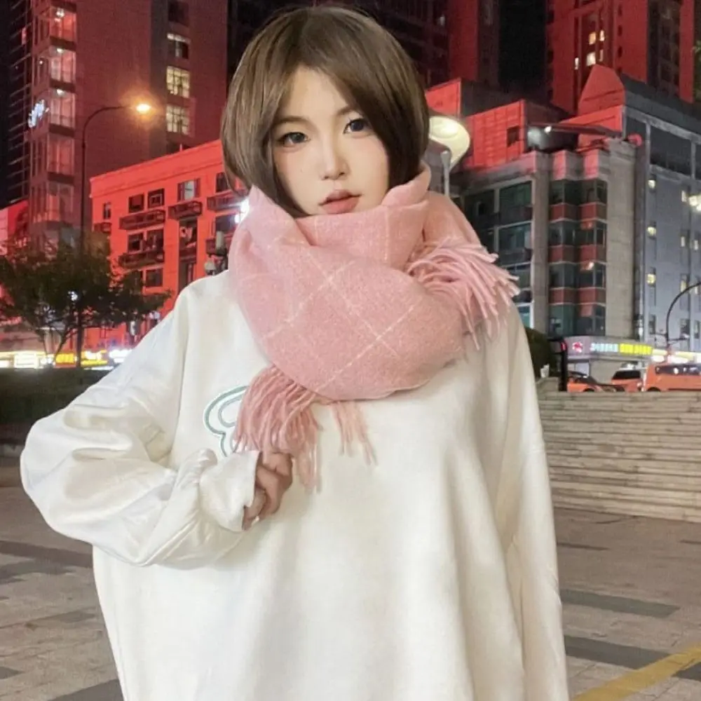 Tassel Plaid Wool Scarf Cashmere Shawl Solid Color Long Shawl Korean Style Scarves Wool Scarves Winter Cashmere Scarves Student