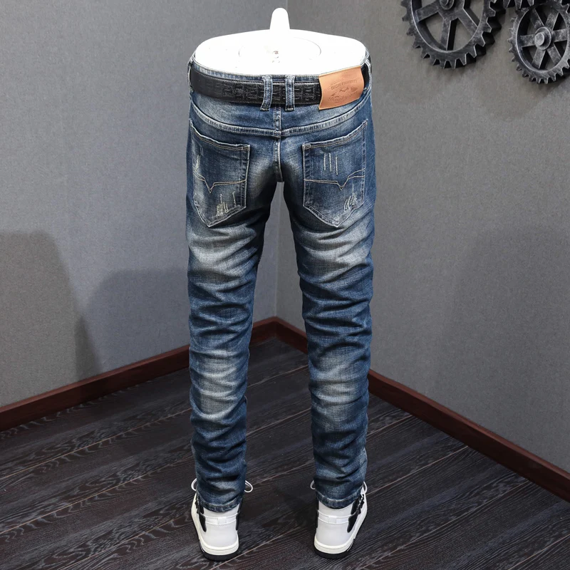 Italian Style Fashion Men Jeans Retro Blue Elastic Slim Fit Ripped Jeans Men High Quality Vintage Designer Denim Pants Hombre