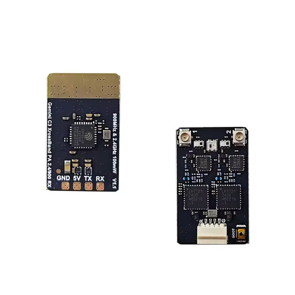 Module ExpressLRS ELRS 915MHz 2.4G Gemini Xrossband pour drone FPV, connecteurs et antennes visibles