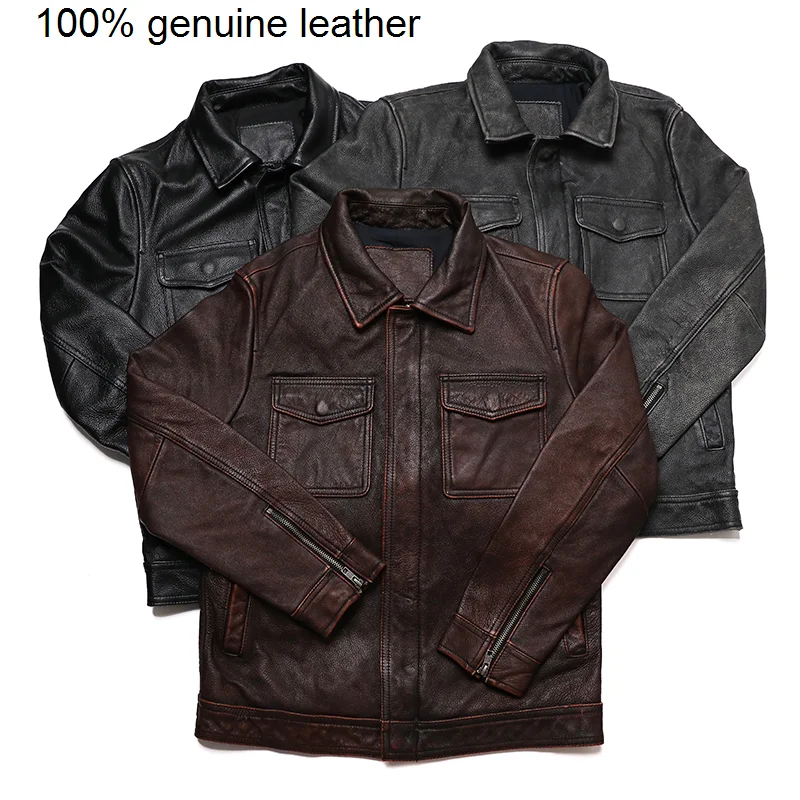 

Leather Classical Red Genuine Brown Vintage Jacket Men 100% Natural Quality Cowhide Coat Male Slim Black Grey Jackets Clothes
