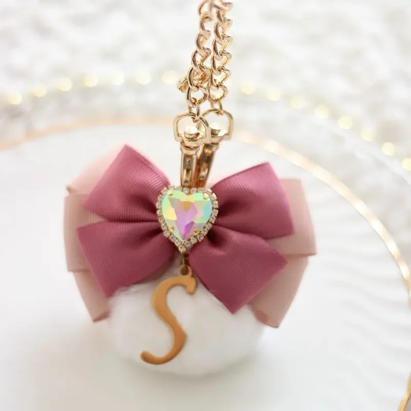 Japanese Liz Lolita Bowknot Hair Ball Gem Peach Heart Bag Pendant Sweet Metal Letters Bag Charms for Handbag Keychain for Women