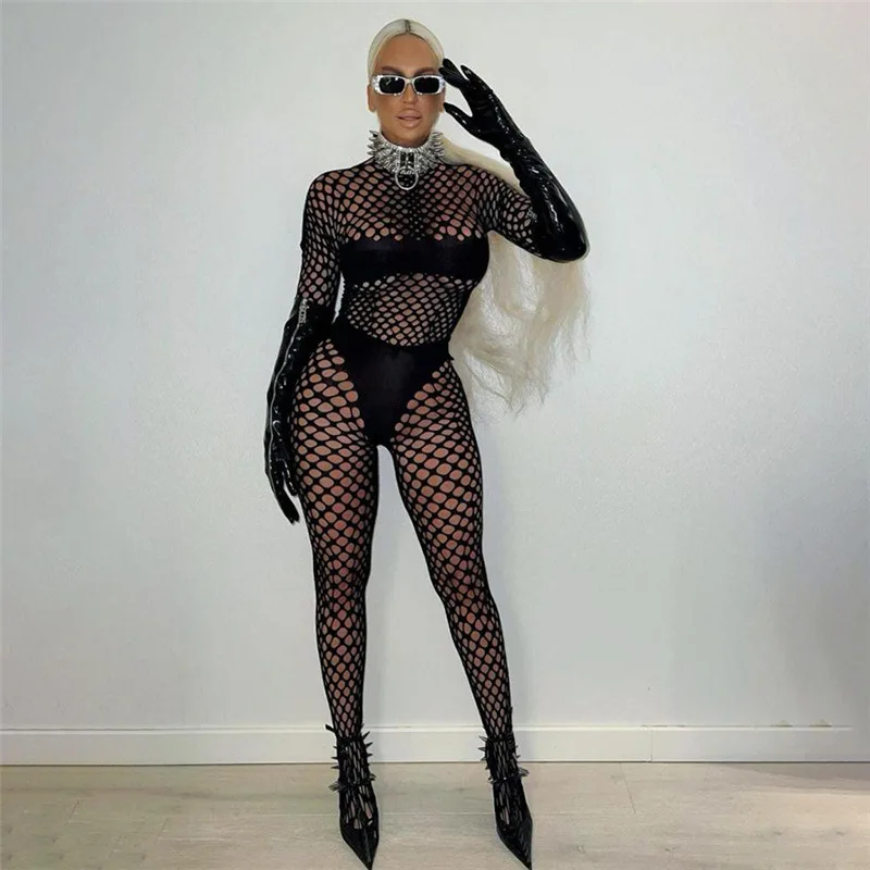 BoozRey Spring Women's New Sexy Fishnet Perspective Hollow Out High Waist Tight Trousers Suit Female Jumpsuit Outfits