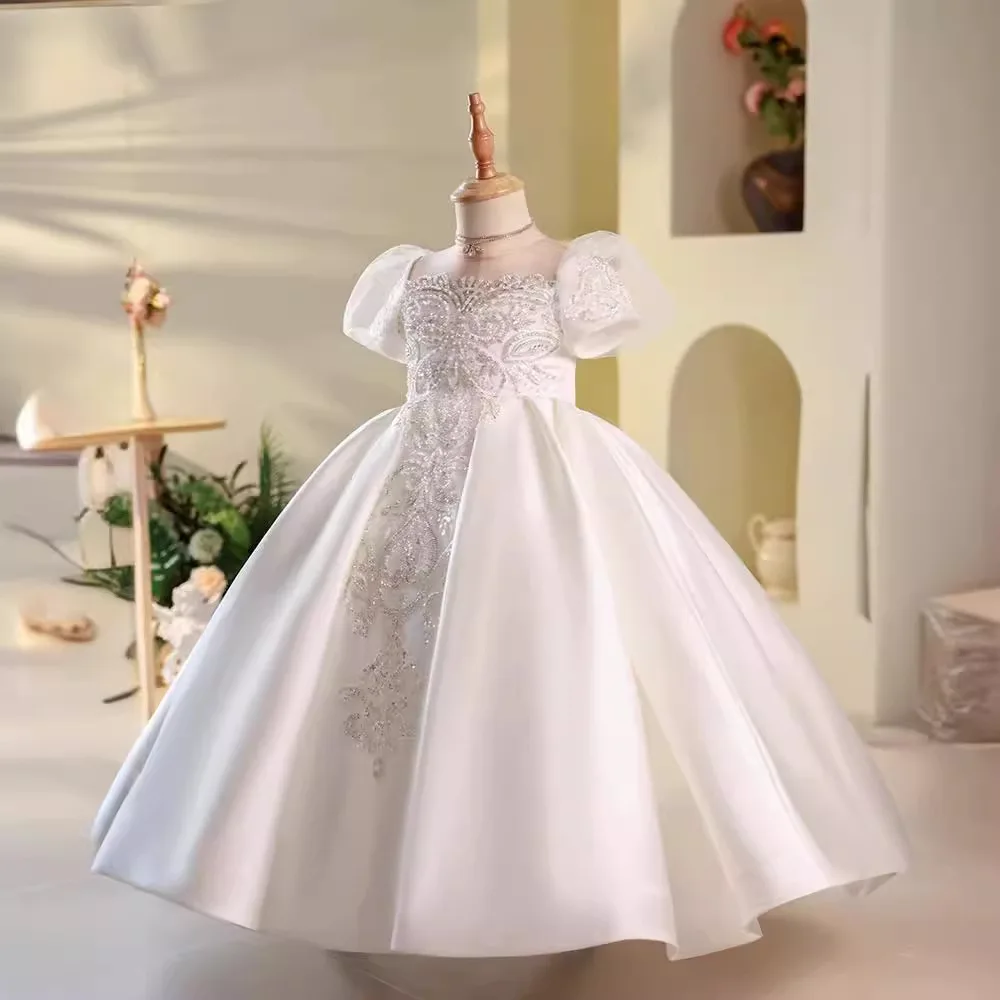 

Real Picture Princess Flower Girl Wedding Party Dresses High Neck Beading Puffy Skirt Young Girl Prom Birthday Occasion Dress