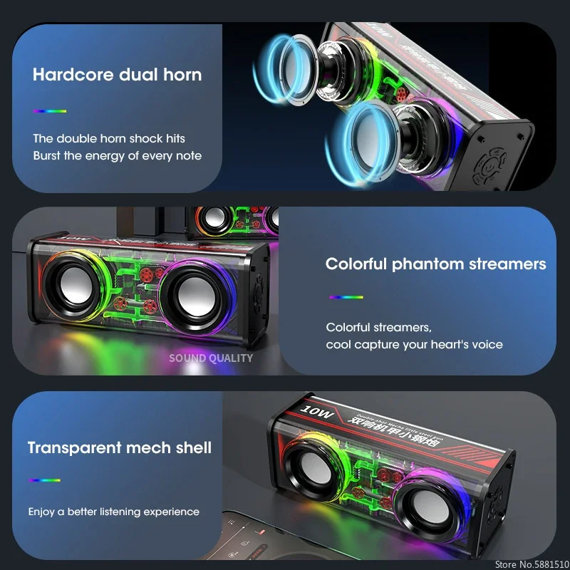 V8 TWS Dual-Tone Transparent Mech Speaker RGB Light Bluetooth 5.0 Portable Subwoofer Portable Wireless Subwoofer Audio Sports
