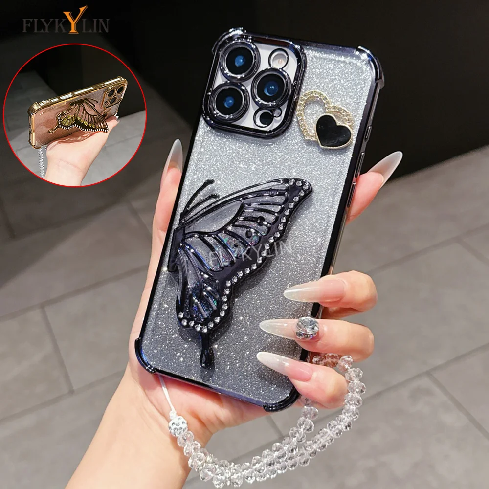 Elegant Butterfly Bracket Crystal Chain Phone Case - Luxury Protective Cover