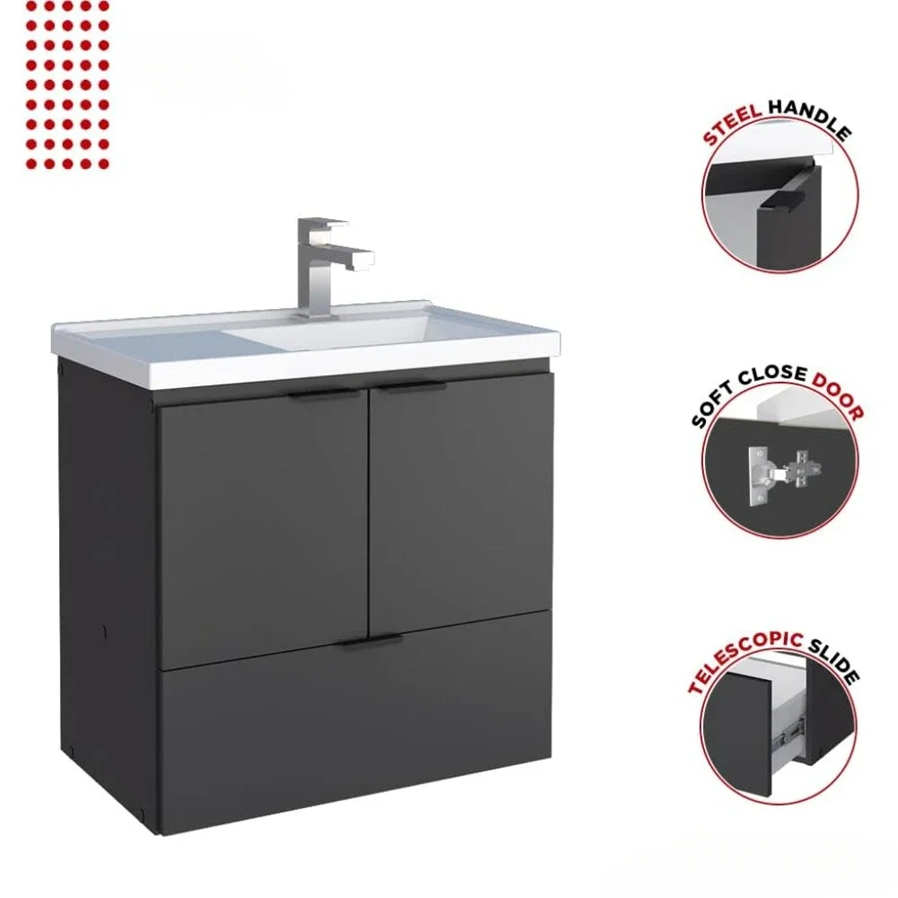 24" Floating Bathroom Vanity and Cultured Marble Sink with Soft Close Door 3