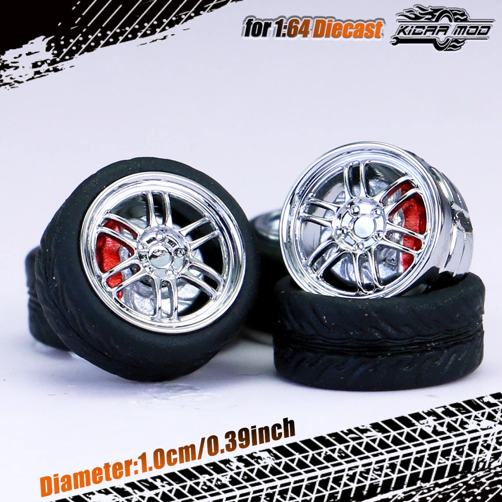 Kicarmod 1/64 Model Car ABS Wheels with Rubber Tire Brake Disc Refitting Parts Diameter 10mm For Model Car Tomica MINI GT