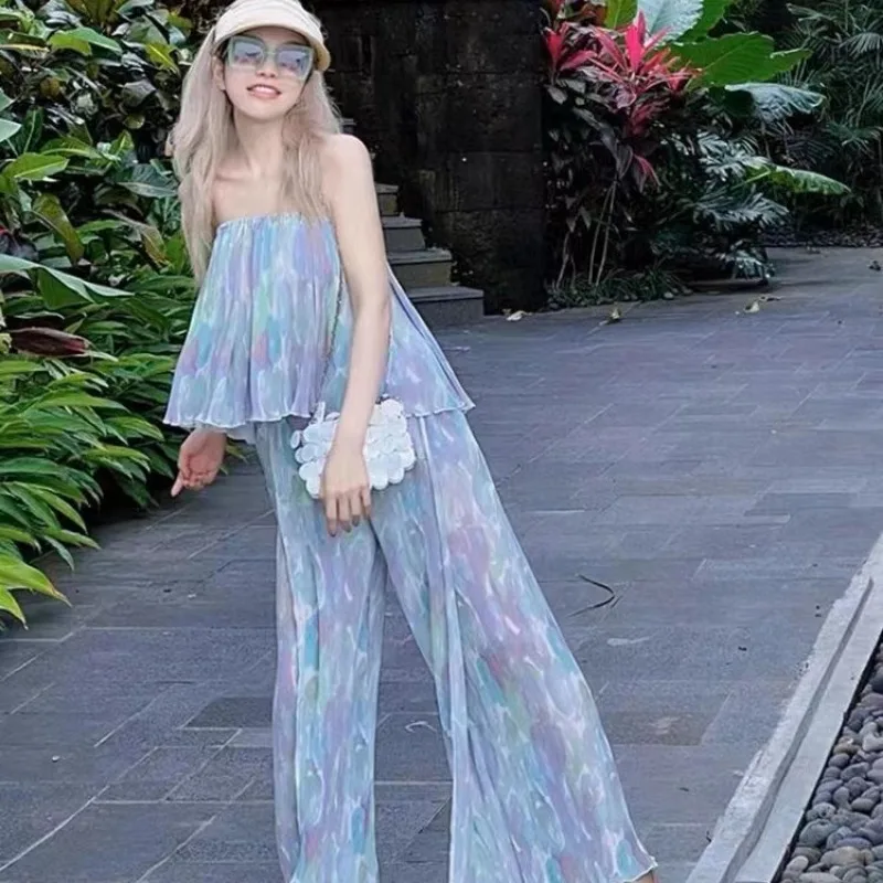 Women Pants Set Camisole Two Sets Floral Ruffles High Waist Bustier Long Loose Vacation Design Office Lady New Trouser