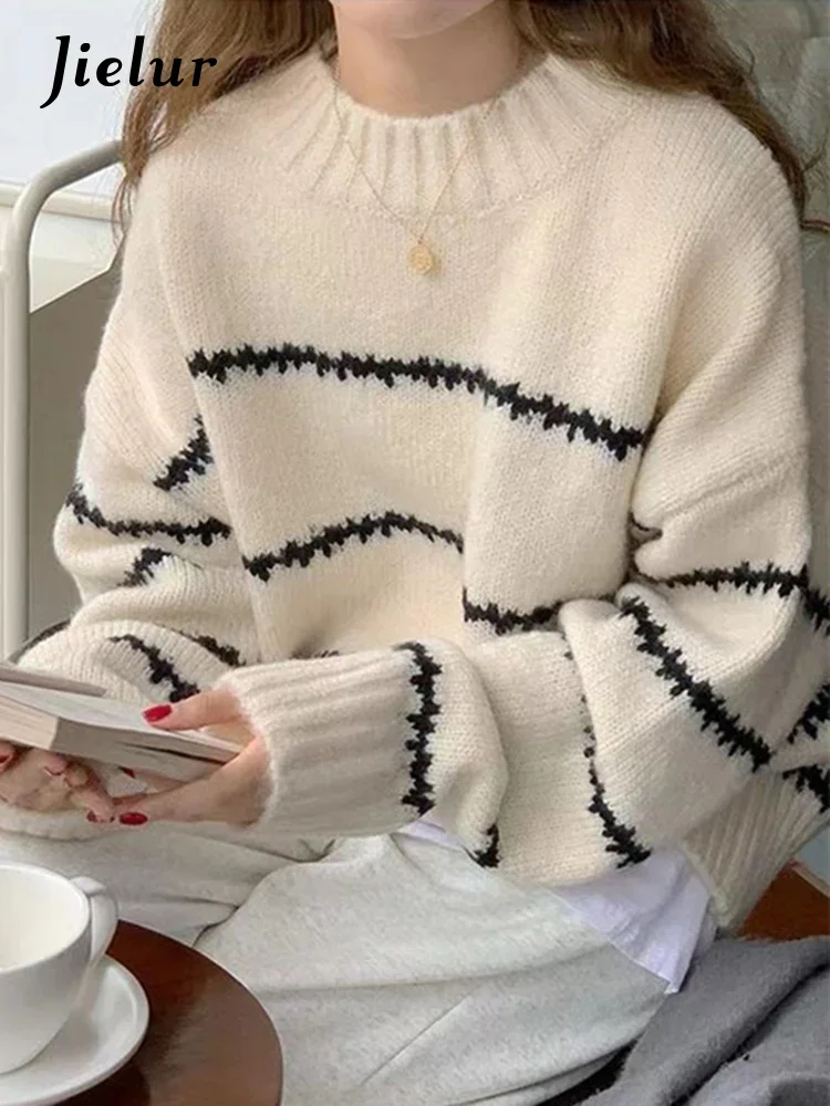 

Jielur French Lazy Oaf O-Neck Knitted Pullover Sweater Women Autumn Loose Korean Stripe Sweater Female Contrast Long Sleeve Tops