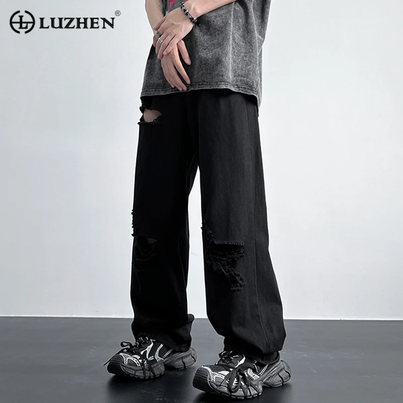 

LUZHEN Men Street Casual Jeans Trendy Broken Hole Wide Leg Denim Pants Solic Color Versatile Male Tide Straight Trousers D2f880