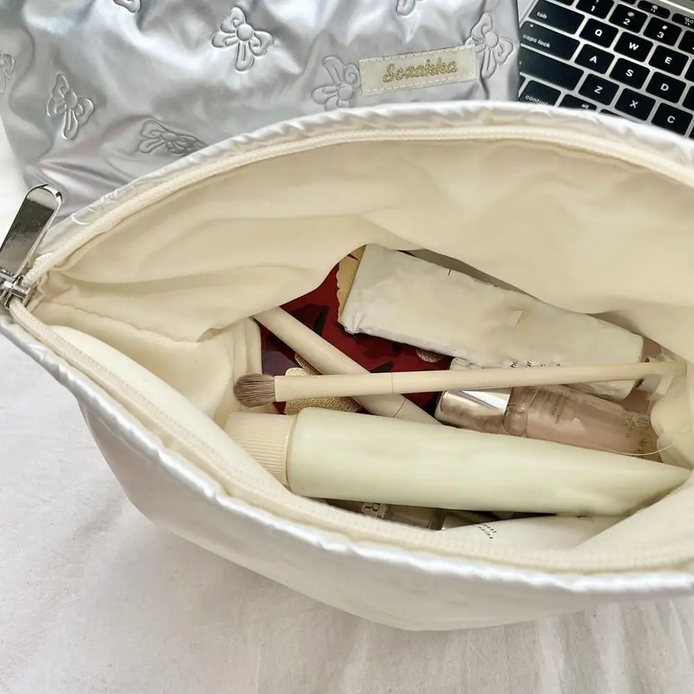 Bow Print Quilting Cosmetic Bag Hand-held PU Korean Style Makeup bag Handbag  Makeup Bags Multifunctional Storage Bag